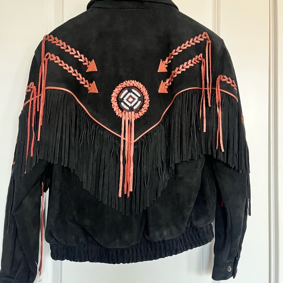 Black and Red Fringe Leather Jacket - Picture 6 of 7